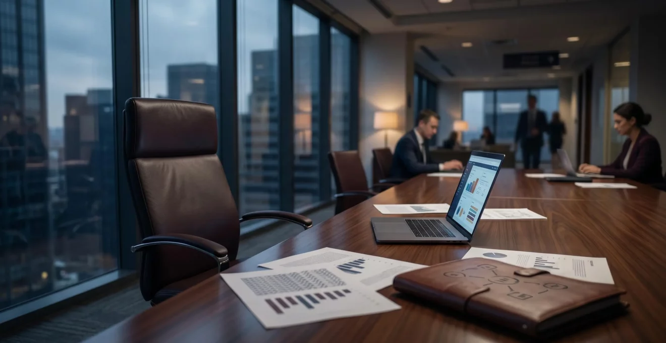 Environnement de bureau moderne en crise avec espace négatif symbolisant l'absence d'une personne clé