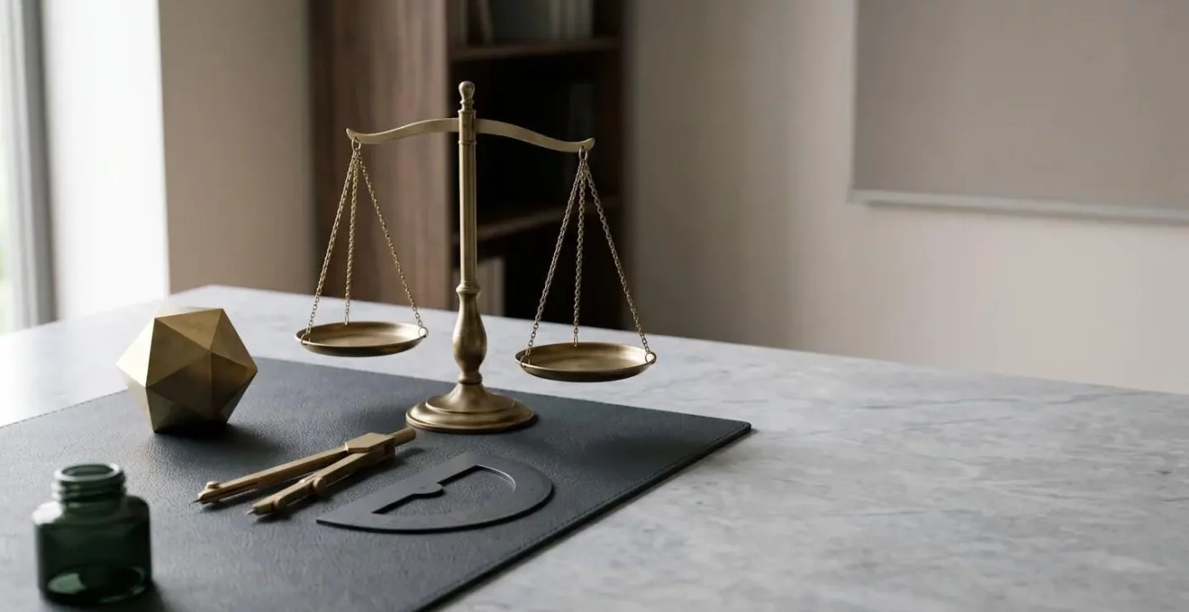 Scène symbolisant la conformité juridique d'entreprise avec équilibre et précision