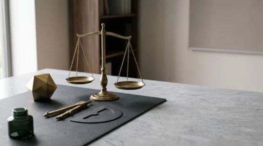 Scène symbolisant la conformité juridique d'entreprise avec équilibre et précision