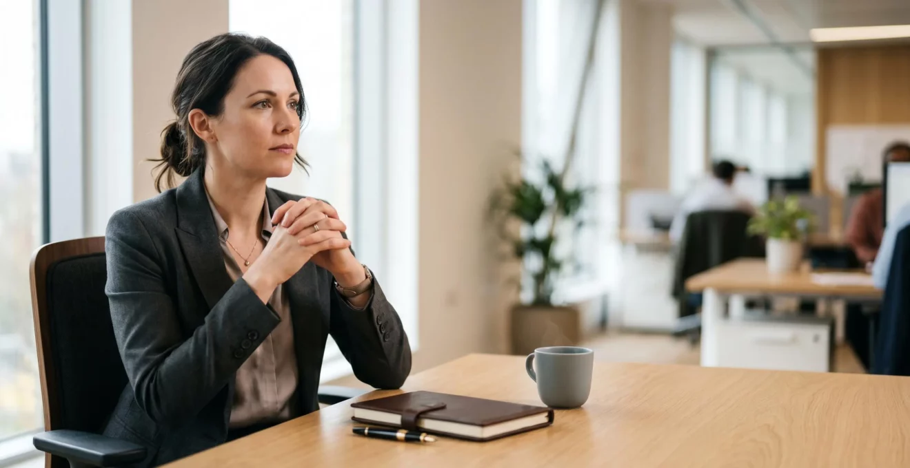 Professionnel en consultation face à une décision stratégique avec documents et espace de réflexion