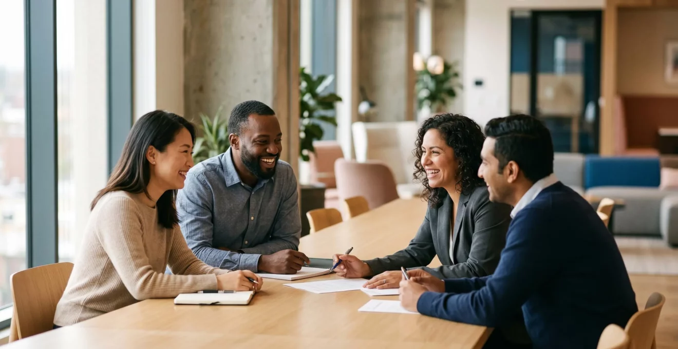 Environnement de travail moderne illustrant le bien-être des collaborateurs grâce à une couverture santé de qualité