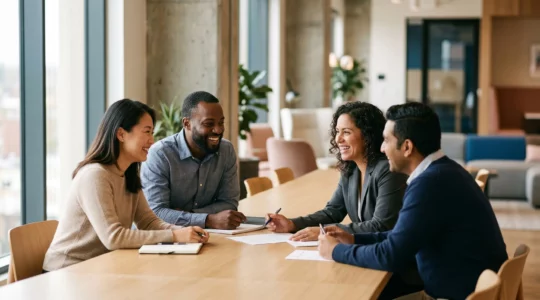 Environnement de travail moderne illustrant le bien-être des collaborateurs grâce à une couverture santé de qualité