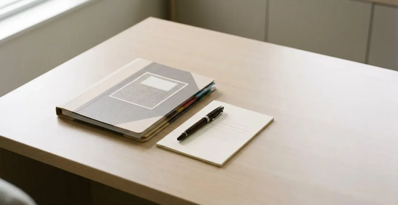 Vue d'ensemble d'un dossier administratif professionnel avec documents et stylo sur bureau moderne