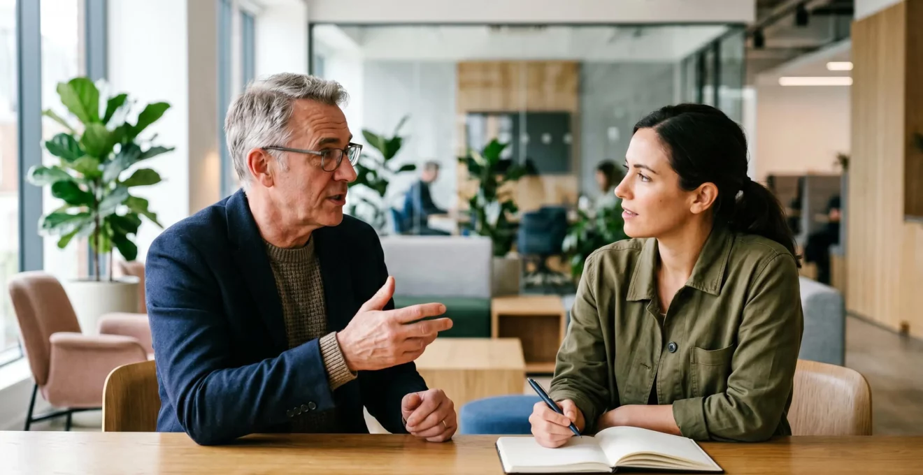 Expert technique transmettant ses connaissances à un collègue dans un environnement professionnel moderne