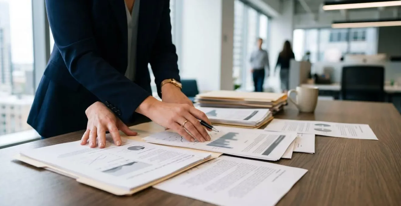 Dirigeant d'entreprise examinant des documents financiers dans un bureau moderne avec une lumière naturelle tamisée
