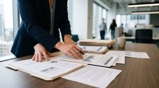 Dirigeant d'entreprise examinant des documents financiers dans un bureau moderne avec une lumière naturelle tamisée
