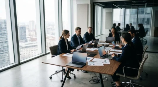 Vue d'ensemble d'une réunion stratégique de décision financière en entreprise