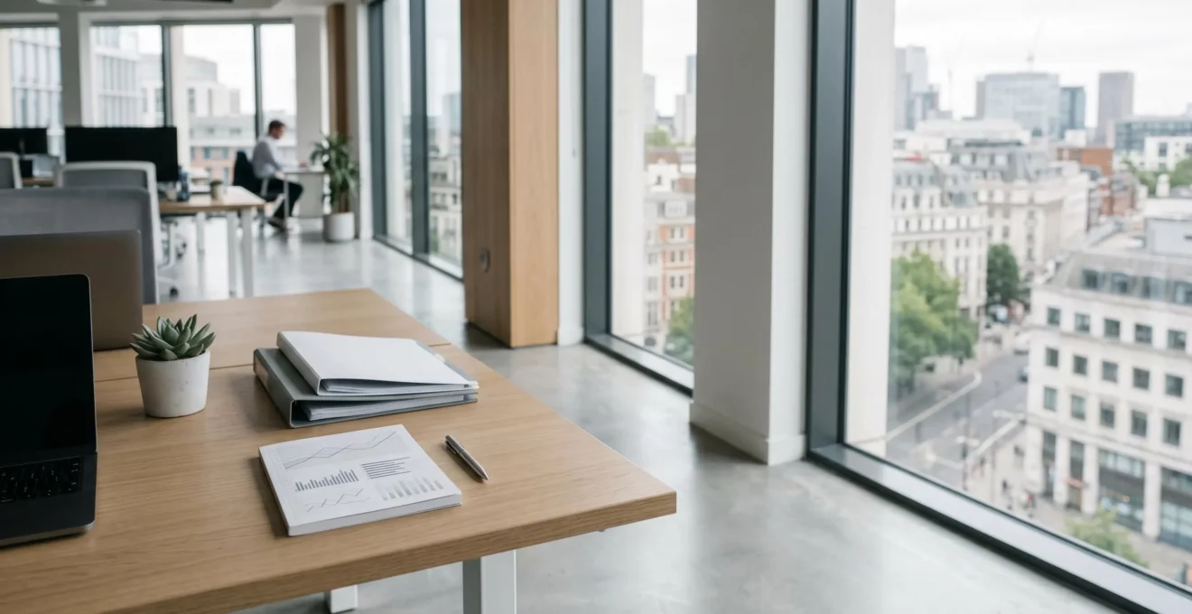 Vue aérienne d'un bureau moderne avec des documents financiers et des graphiques de trésorerie montrant une optimisation du BFR