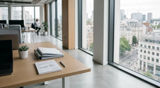 Vue aérienne d'un bureau moderne avec des documents financiers et des graphiques de trésorerie montrant une optimisation du BFR